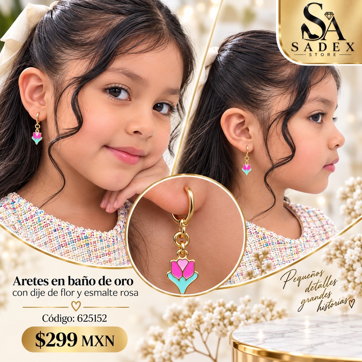 Aretes en baño de oro con dije de flor y esmalte rosa - Sadex Store