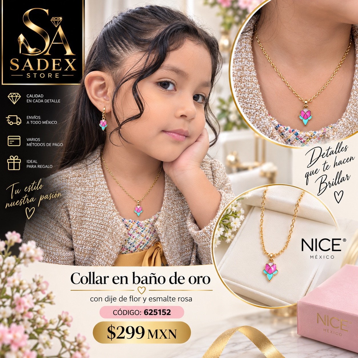 Collar en baño de oro con dije de flor y esmalte rosa - Sadex Store